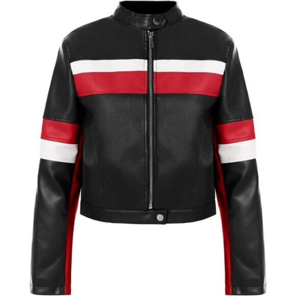 ⭐ Tankaneo Women's Cropped Faux Leather Moto Jacket Color Block Racing Coat - Picture 5 of 5